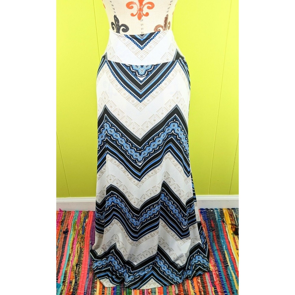Haoohu Womens L Blue Beige Maxi Geometric Skirt Stretch Pull On Boho Hippie EUC